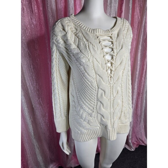 Express Cream Cable Knit Low Cut Lace Up Sweater Size Small - Picture 4 of 12